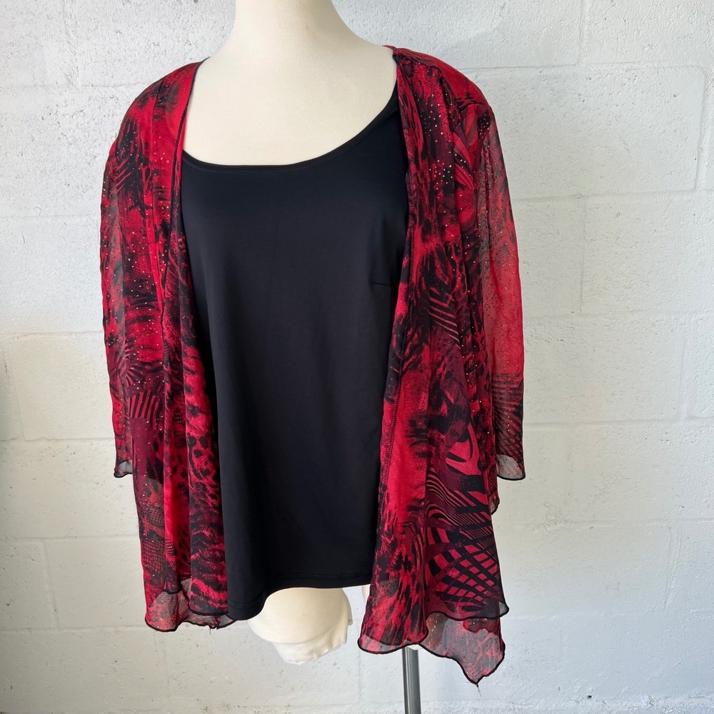 Sara‎ Michelle Women 2 Piece Set Sheer Animal Print Cardigan Tank Red Black 2X